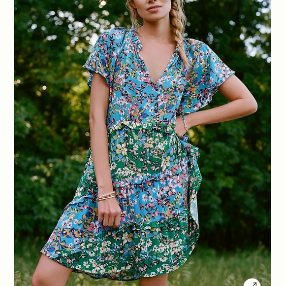 Anthropologie Robin Tiered red yellow floral mini sundress short sleeves Large - Picture 8 of 16